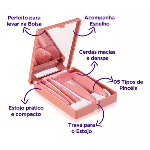 Mini Espelho De Maquiagem Portátil Com 5 Pincéis De Maquiagem